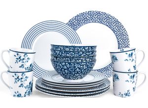 8717823826800 - Kombiservice LAURA ASHLEY BLUEPRINT COLLECTABLES Geschirr-Set Service China Rose Sweet Allysum Floris Candy Stripe Geschirr-Sets Gr 16 tlg weiß (weiß blau) Geschirr-Sets für 4 Personen 16 Teile