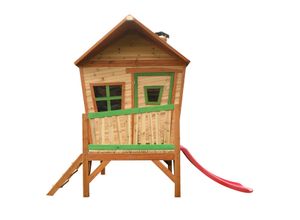 8717973930747 - - Spielhaus Iris mit roter Rutsche | Stelzenhaus in Braun & Grün aus fsc Holz für Kinder | Spielturm für den Garten - Braun