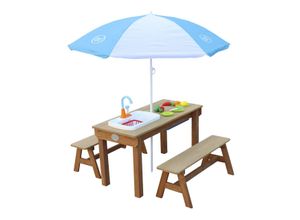 8717973930853 - Dennis Sand & Wasser Picknicktisch mit Spielküchenspüle und Bänken Braun - Sonnenschirm Blau Weiß