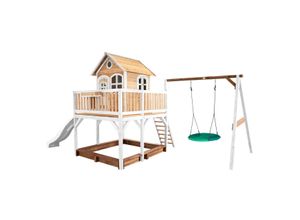 8717973932796 - Spielhaus Liam mit Sandkasten Summer Nestschaukel & weißer Rutsche Stelzenhaus xxl in Braun & Weiß aus fsc Holz für Kinder Spielturm mit