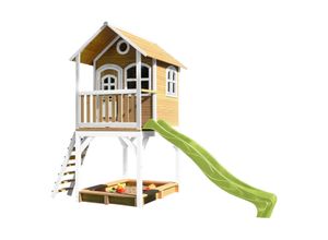 8717973932888 - Spielhaus Sarah mit Sandkasten & hellgrüner Rutsche Stelzenhaus in Braun & Weiß aus fsc Holz für Kinder Spielturm mit Wellenrutsche für den Garten