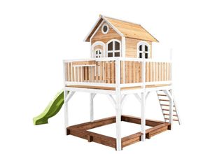 8717973933403 - Spielhaus Liam mit Sandkasten & hellgrüner Rutsche Stelzenhaus xxl in Braun & Weiß aus fsc Holz für Kinder Spielturm mit Wellenrutsche für den Garten