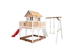 8717973933465 - Spielhaus Liam mit Sandkasten Schaukel & roter Rutsche Stelzenhaus XXL in Braun & Weiß aus FSC Holz für Kinder Spielturm mit Wellenrutsche für