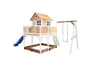 8717973933472 - Spielhaus Liam mit Sandkasten Schaukel & blauer Rutsche Stelzenhaus xxl in Braun & Weiß aus fsc Holz für Kinder Spielturm mit Wellenrutsche für den