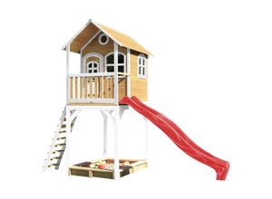 8717973935414 - - Spielhaus Romy mit Sandkasten & roter Rutsche | Stelzenhaus in Braun & Weiß aus fsc Holz für Kinder | Spielturm für den Garten - Braun