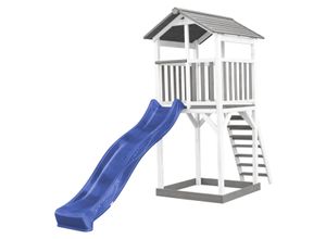 8717973936183 - Beach Tower Spielturm aus Holz in Weiß & Grau | Spielhaus für Kinder mit blauer Rutsche und Sandkasten | Stelzenhaus für den Garten - Weiß - AXI