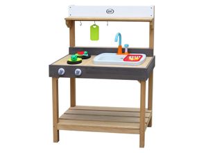 8717973936336 - Rosa Spielküche   Matschküche aus Holz Multifunktionelle Spielzeugküche   Sandküche für Kinder mit 17 teiligem Zubehör Set 40x75x100 cm - Braun - AXI