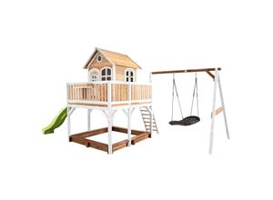 8717973936435 - - Spielhaus Liam mit Sandkasten Roxy Nestschaukel & hellgrüner Rutsche Stelzenhaus xxl in Braun & Weiß aus fsc Holz für Kinder Spielturm mit