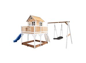 8717973936459 - Spielhaus Liam mit Sandkasten Roxy Nestschaukel & blauer Rutsche Stelzenhaus xxl in Braun & Weiß aus fsc Holz für Kinder Spielturm mit Wellenrutsche