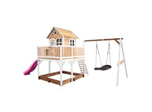 8717973936466 - Spielhaus Liam mit Sandkasten Roxy Nestschaukel & lila Rutsche Stelzenhaus XXL in Braun & Weiß aus FSC Holz für Kinder Spielturm mit