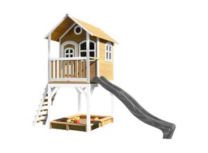 8717973937470 - - Spielhaus Sarah mit Sandkasten & grauer Rutsche Stelzenhaus in Braun & Weiß aus fsc Holz für Kinder Spielturm mit Wellenrutsche für den Garten