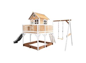 8717973937500 - Spielhaus Liam mit Sandkasten Schaukel & grauer Rutsche Stelzenhaus xxl in Braun & Weiß aus fsc Holz für Kinder Spielturm mit Wellenrutsche für den