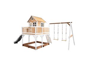 8717973937517 - Spielhaus Liam mit Sandkasten Doppelschaukel & grauer Rutsche Stelzenhaus xxl in Braun & Weiß aus fsc Holz für Kinder Spielturm mit Wellenrutsche