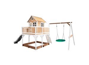 8717973937524 - - Spielhaus Liam mit Sandkasten Summer Nestschaukel & grauer Rutsche Stelzenhaus xxl in Braun & Weiß aus fsc Holz für Kinder Spielturm mit