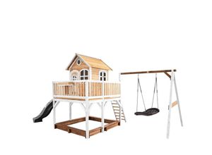 8717973937531 - Spielhaus Liam mit Sandkasten Roxy Nestschaukel & grauer Rutsche Stelzenhaus xxl in Braun & Weiß aus fsc Holz für Kinder Spielturm mit Wellenrutsche