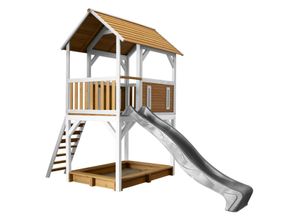 8717973937555 - Spielhaus Pumba mit Sandkasten & grauer Rutsche Stelzenhaus in Braun & Weiß aus fsc Holz für Kinder Spielturm mit Wellenrutsche für den Garten