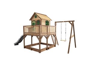 8717973937661 - Spielhaus Liam mit Sandkasten Schaukel & grauer Rutsche Stelzenhaus xxl in Braun & Grün aus fsc Holz für Kinder Spielturm mit Wellenrutsche für den