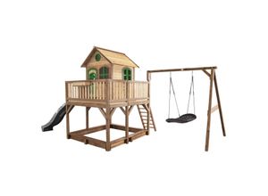 8717973937692 - Spielhaus Liam mit Sandkasten Roxy Nestschaukel & grauer Rutsche Stelzenhaus xxl in Braun & Grün aus fsc Holz für Kinder Spielturm mit Wellenrutsche