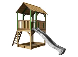 8717973937708 - - Spielhaus Pumba mit Sandkasten & grauer Rutsche Stelzenhaus in Braun & Grün aus fsc Holz für Kinder Spielturm mit Wellenrutsche für den Garten