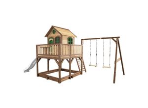 8717973937838 - Spielhaus Liam mit Sandkasten Doppelschaukel & weißer Rutsche Stelzenhaus xxl in Braun & Grün aus fsc Holz für Kinder Spielturm mit Wellenrutsche