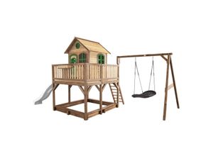 8717973937852 - Spielhaus Liam mit Sandkasten Roxy Nestschaukel & weißer Rutsche Stelzenhaus xxl in Braun & Grün aus fsc Holz für Kinder Spielturm mit Wellenrutsche