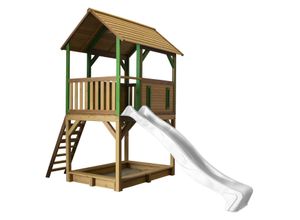 8717973937869 - - Spielhaus Pumba mit Sandkasten & weißer Rutsche Stelzenhaus in Braun & Grün aus fsc Holz für Kinder Spielturm mit Wellenrutsche für den Garten