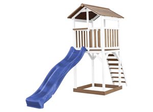 8717973939184 - Beach Tower Spielturm aus Holz in Braun & Weiß Spielhaus für Kinder mit blauer Rutsche und Sandkasten Stelzenhaus für den Garten - Braun - AXI