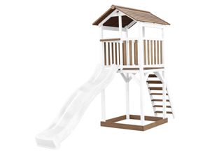 8717973939238 - Beach Tower Spielturm aus Holz in Braun & Weiß Spielhaus für Kinder mit weißer Rutsche und Sandkasten Stelzenhaus für den Garten - Braun - AXI