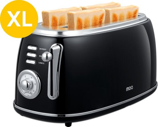 8718001913763 - Retro Toaster XL - 6 Heizstufen - 4 Sandwiches gleichzeitig - 1500W - Aufwärm- und Auftaufunktion - Schwarz - T5B