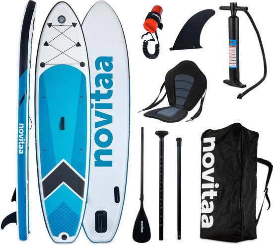 8718001915064 - PaddlePro SUP Board - mit Sitz - Aufblasbares Paddle Board - Komplettset - Max 150KG - 324x76cm - Blau Weiß