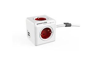 8718444087038 - Allocacoc PowerCube Power Extension mit 4 Kontakten und 2 USB-A 15 m weiß rot