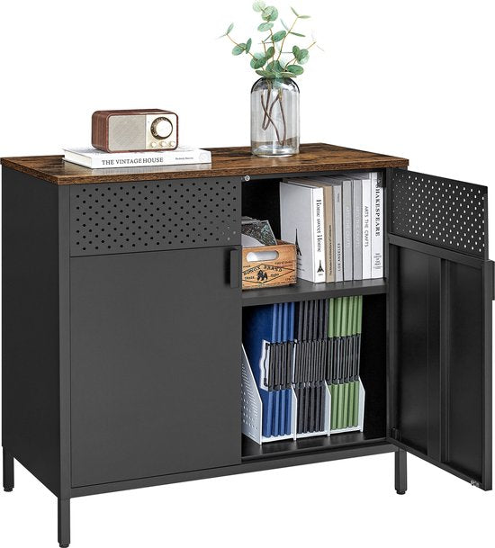 8718657950037 - ODADDY® Metallschrank mit Türen - TV-Möbel - Viel Stauraum & flexibel - TV-Schrank - Sideboard - Innenaufbewahrungsschrank - 80 cm - Schwarz Vintage Braun