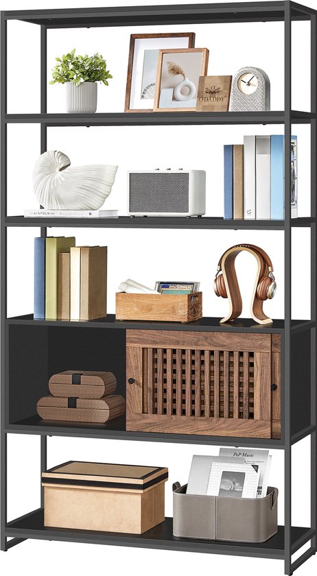 8718657950396 - ODADDY® Bücherregal - Aufbewahrungsschrank mit verstellbarem Schrank - Bücherregal - Wandschrank - 35x100x180 cm - Industrial - Schwarzes Metall Braunes Holz