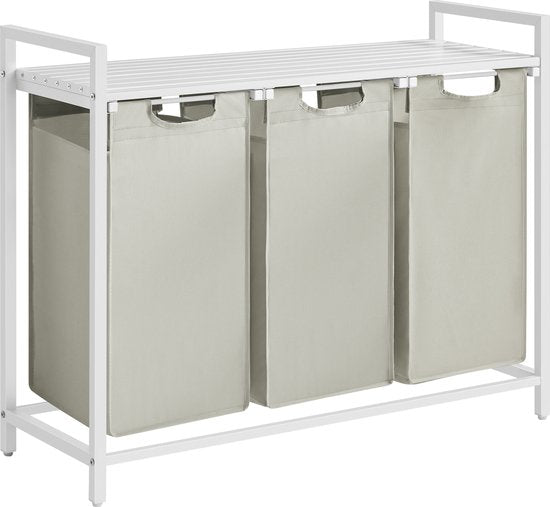 8718657959467 - ODADDYÂ® Wäschekorb 3 Boxen - ausziehbarer Wäschesortierer mit Regal - 925 x 33 x 71 cm - verstellbare Beine - einfach zu montieren - vielseitig und stilvoll aus Metall - Weiß