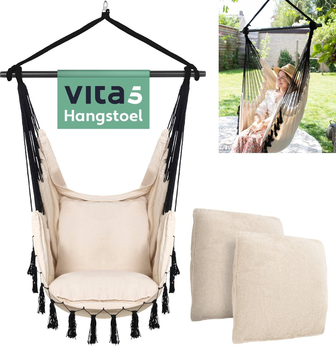 8718734621362 - XXL Hängesessel | Indoor Outdoor Hängenest | Inkl 2 Kissen und Buchbox | Erwachsene&Kinder | Hängesessel bis zu 200kg | Beige