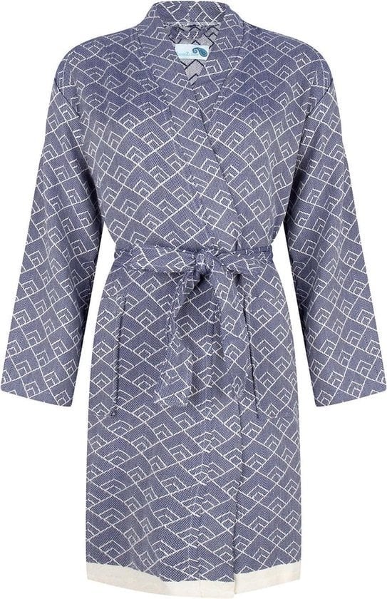 8718836913426 - ZusenZomer Hamam Sauna Damen Bademantel Morgenmantel Kimono GEO - hochwertige Bio-Baumwolle - kurzes Modell - blau