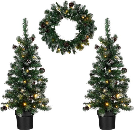 8718861442540 - Trees Norton Set aus 2 künstlichen Weihnachtsbäumen und 1 Weihnachtskranz mit LED-Lichtern - Grün gefrostet