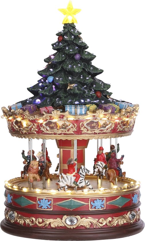 8718861846072 - LuVille Weihnachtsdorf Miniatur-Karussell mit Weihnachtsbaum - L22 x B22 x H35 cm