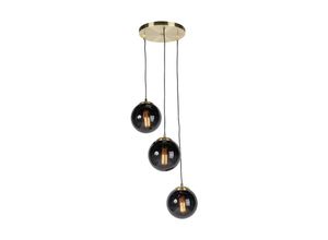 8718881086489 - Qazqa - Art Deco Hängelampe Messing mit schwarzem Glas 3-Lichter - Pallon - Schwarz