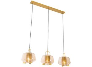 8718881138577 - Qazqa - Hängelampe gold mit braunem Glas 30 cm länglich 3-flammig - Kevin - Gold Messing