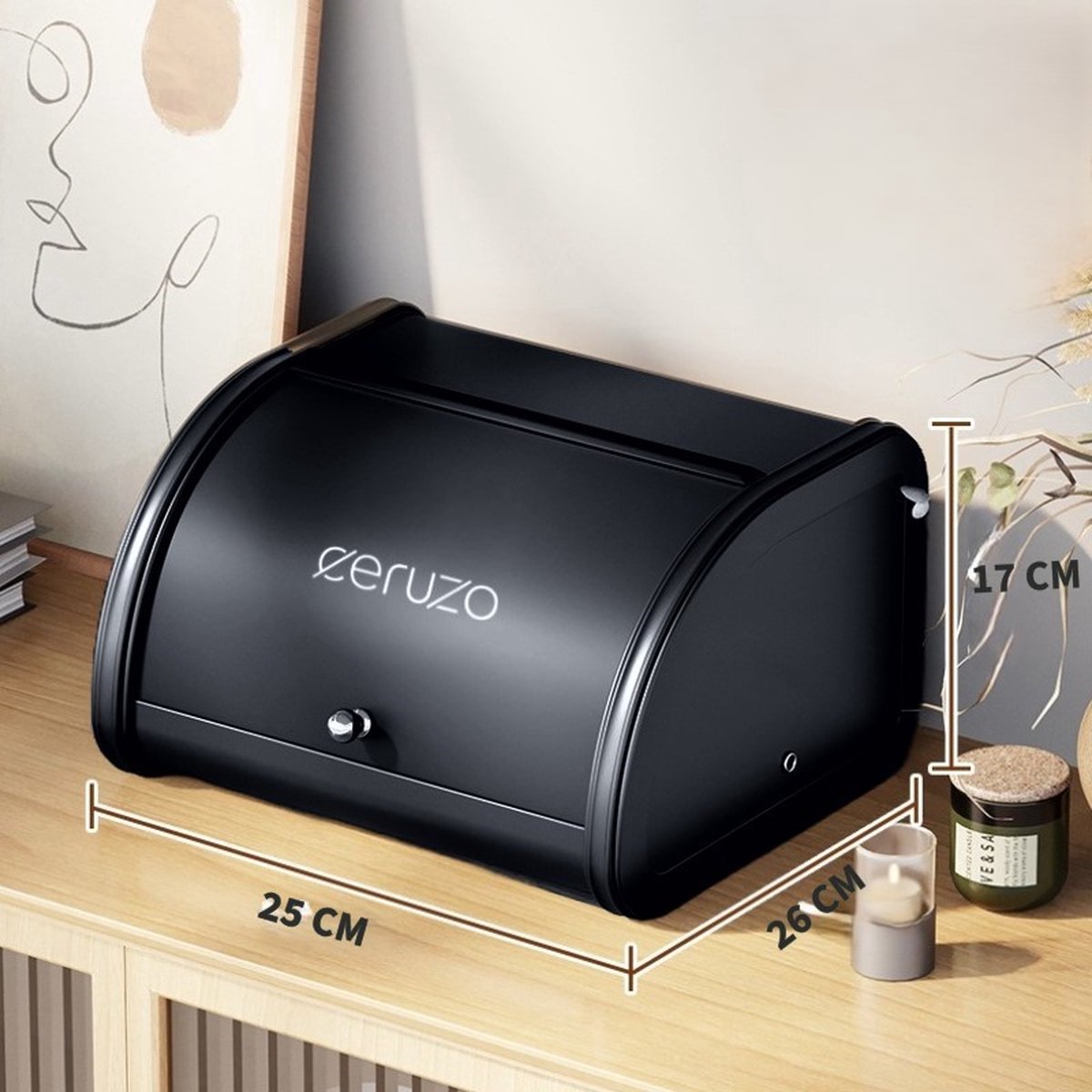 8719001870636 - - Brotkasten mit Schiebedeckel - Retro Design- Aufbewahrungsbox für die Küche- Matt Schwarz- 25 x 26 x H17 cm