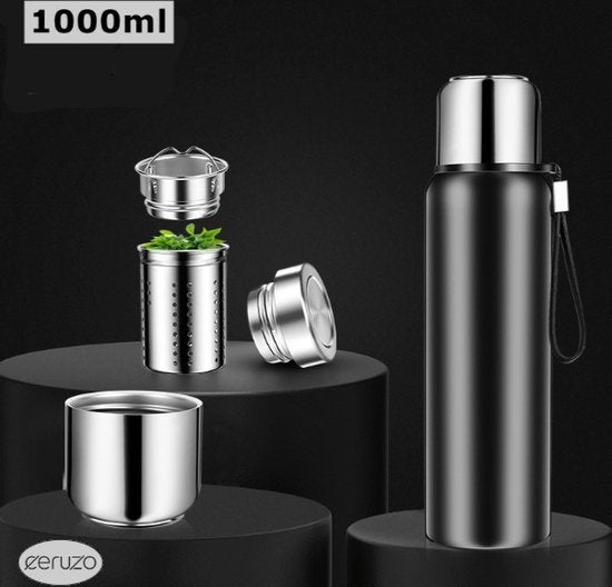 8719001871510 - Smart Thermos mit LCD-Temperaturanzeige - 1 Liter - Edelstahl - Doppelwandig - Isolierte Flasche - Mattschwarz