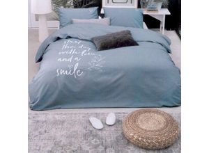 8719023449599 - Bettwäsche 2-tlg Bettbezug Set 155x220cm + 80x80cm - Smile with Love ( blau ) - Schlafkomfort Bettgarnitur mit Reißverschluss Baumwolle - Smile with