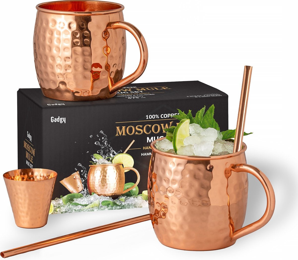 8719075225035 - Moscow Mule Cups Set - 100% Kupfer - Cocktail-Set  2 Cocktailgläser 2 Strohhalme & 1 Bar-Maß