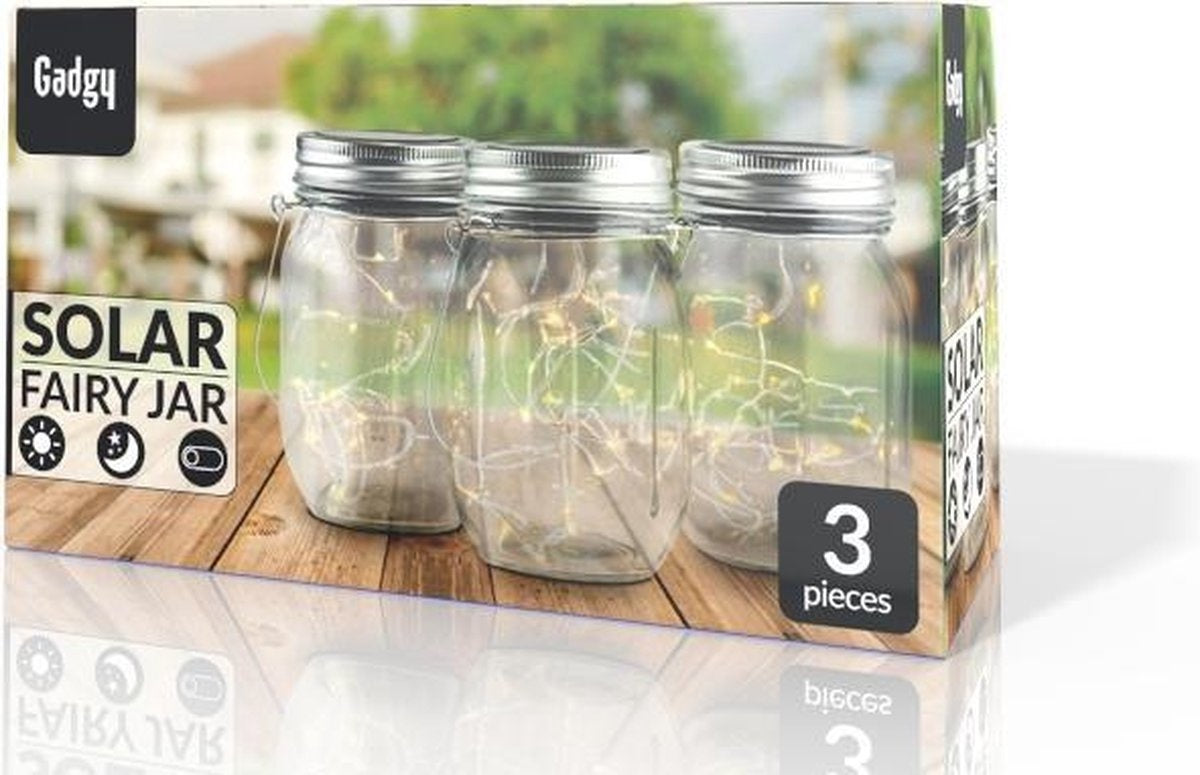 8719075226698 - Solar Laterne Jar Fairy Lights - Solar-Gartenleuchten - Gartenlaterne mit Tag Nacht-Sensor - 3 Glasgefäße mit Led String Lighting - Außenbeleuchtung