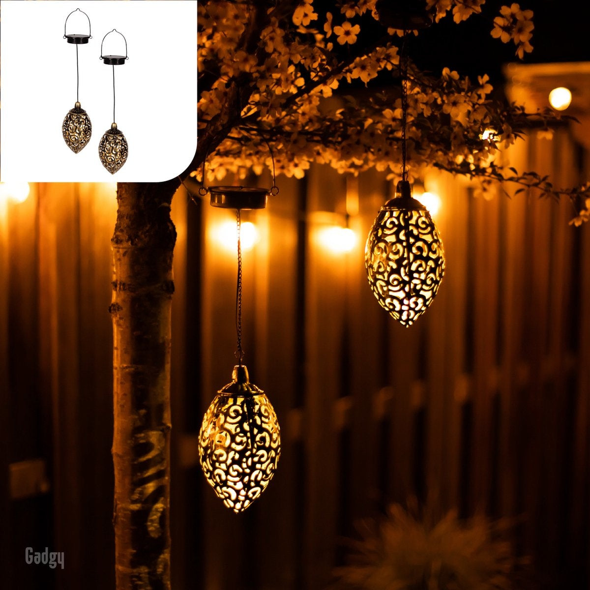 8719075227329 - Solar hängende orientalische Laterne Set 2pcs - Bronze - Metall - Solar Gartenbeleuchtung - Led Außenbeleuchtung mit Tag Nacht-Sensor - Gartenlaterne