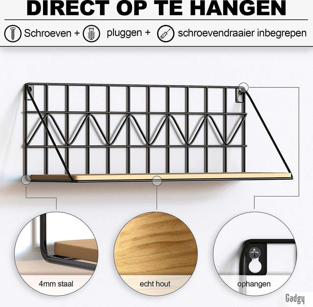 8719075227466 - Wall Racks set 2 pcs - Wandregal Schwarz mit Holz - Wanddekoration Industrial - Wanddekoration Metall - Wandregal schwebend - Bücherregal - 45 cm