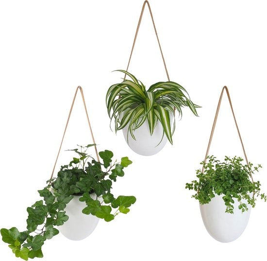 8719075227510 - Plant Pendant Ceramic - 3er-Set - Weißer Stein - Hängende Blumentopf-Pflanzgefäße - mit 3 verschiedenen Schnüren - 12 x 11 x 95 cm