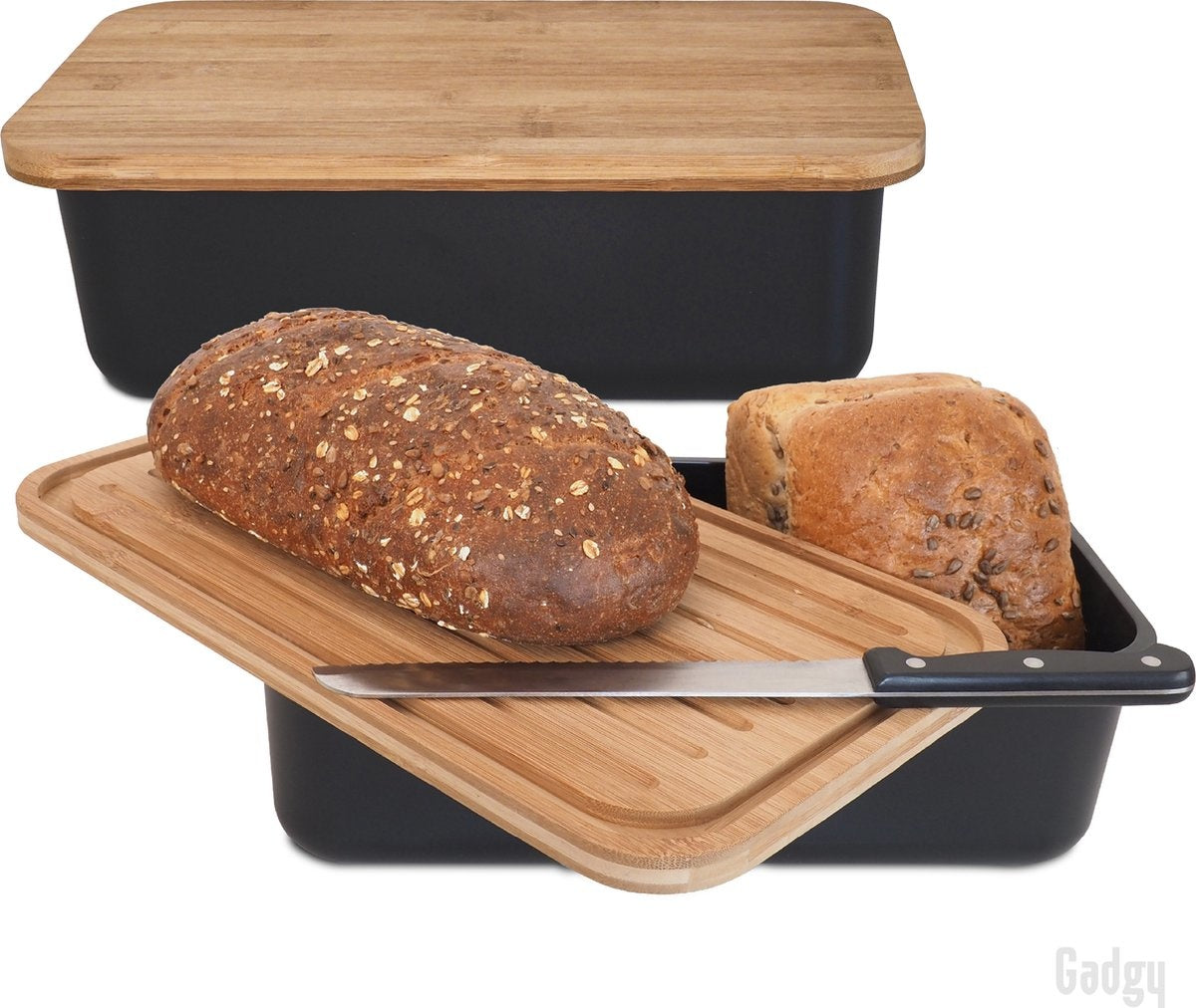 8719075227589 - Brotkasten - mit Bambusdeckel - Brotkasten mit Schneidebrett - BPA frei - 36x195x115 cm- schwarz 8719075227589 - Brotkasten - mit Bambusdeckel - Brotkasten mit Schneidebrett - BPA frei - 36x195x115 cm- schwarz
