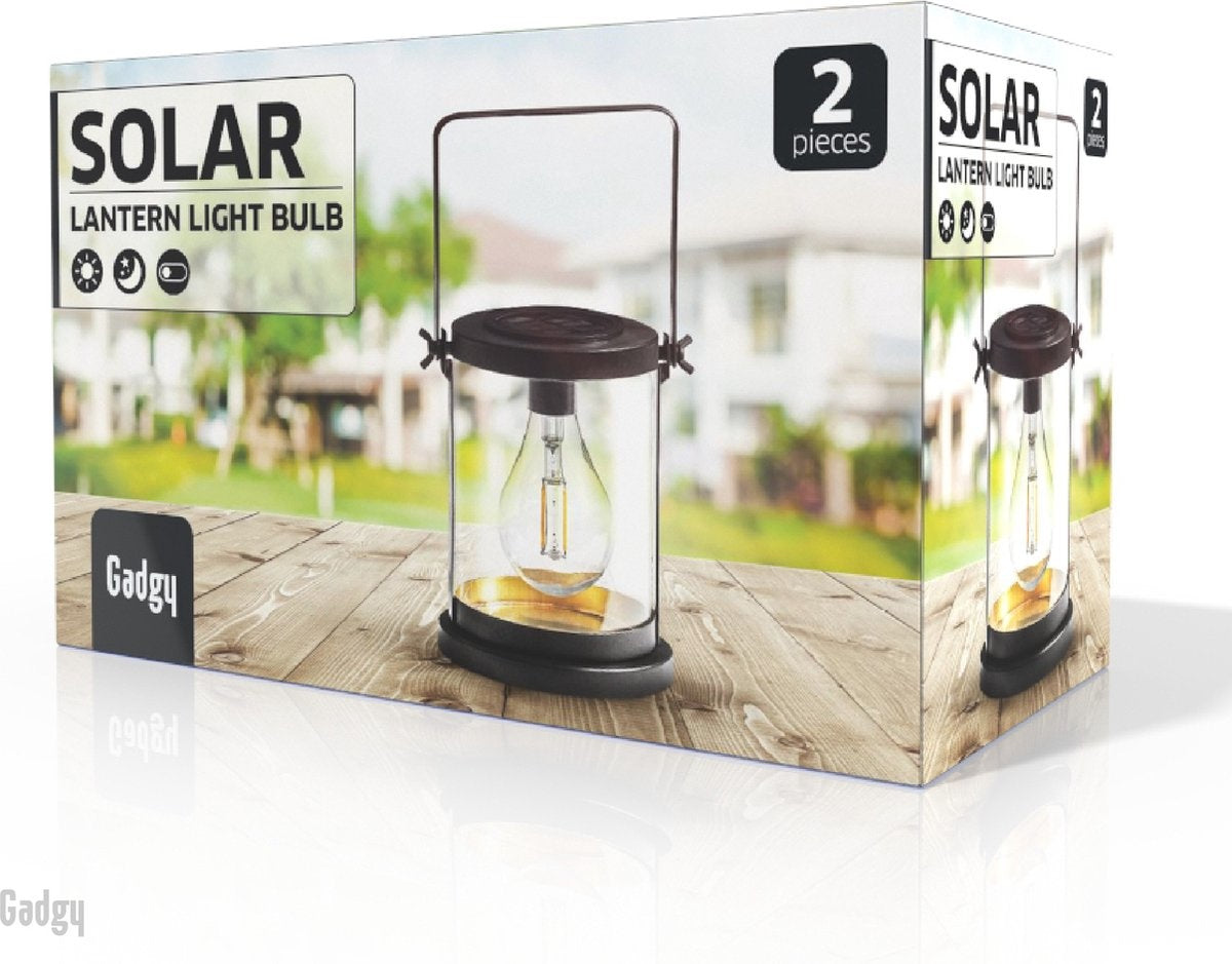 8719075227787 - Solar Laterne Glas mit Led Glühbirne - 2er Set - Solar Gartenleuchte - Led Außenleuchte mit Tag Nacht Sensor - Tischlampe - Gartenlaterne - 165 x 145 cm